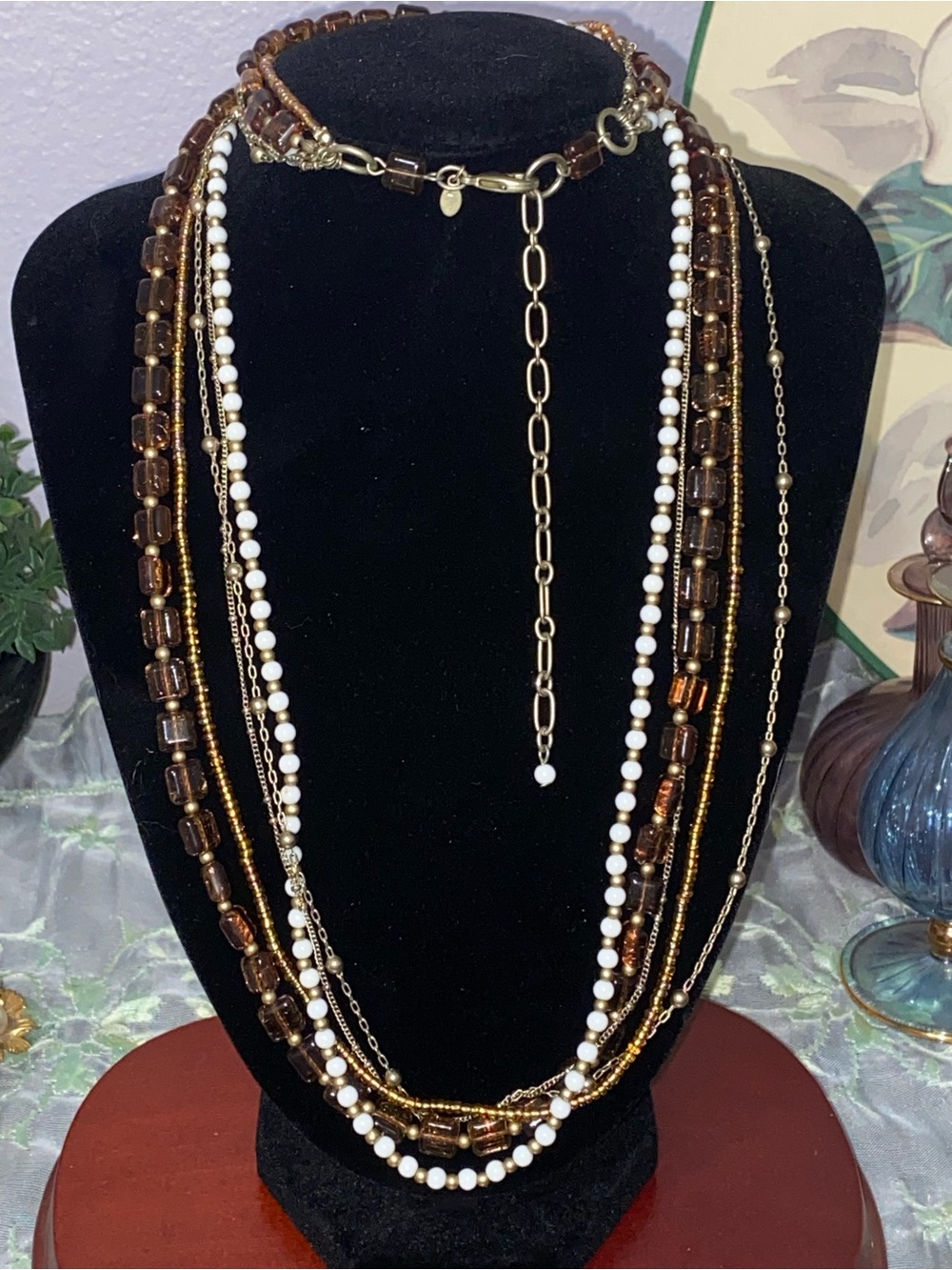 Vintage NOS Premier Designs Soleil Layered Multi Strand Amber Pearl Necklace